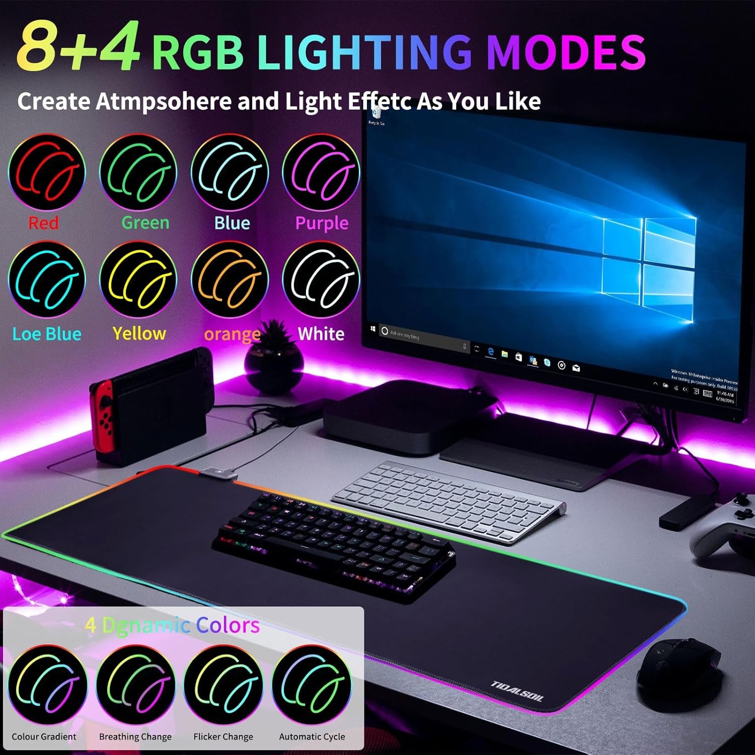 RGB Gaming Mouse Pad, Oversized Mouse Mat with 12 Light Modes, Non-Slip Rubber Base, Large Computer Keyboard Mouse Pad for PC Gaming, Office, 800 X 300 X 3 Mm, Black