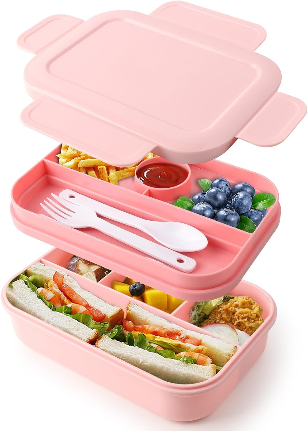 Lunch Box - 2000 ML Stackable Container - 8 Compartments, Leak-Proof Design, Built-In Sauce Container, Utensils Included - Blue