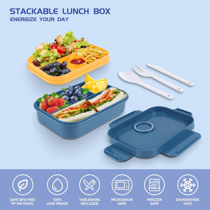 Lunch Box - 2000 ML Stackable Container - 8 Compartments, Leak-Proof Design, Built-In Sauce Container, Utensils Included - Blue