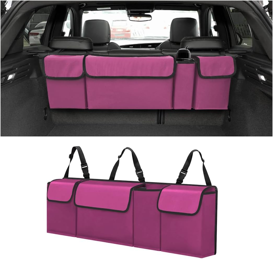 Car Trunk Organizer - Waterproof, Durable Backseat Hanging Cargo Bag with Adjustable Anti-Slip Straps and 4 Pockets (Black)