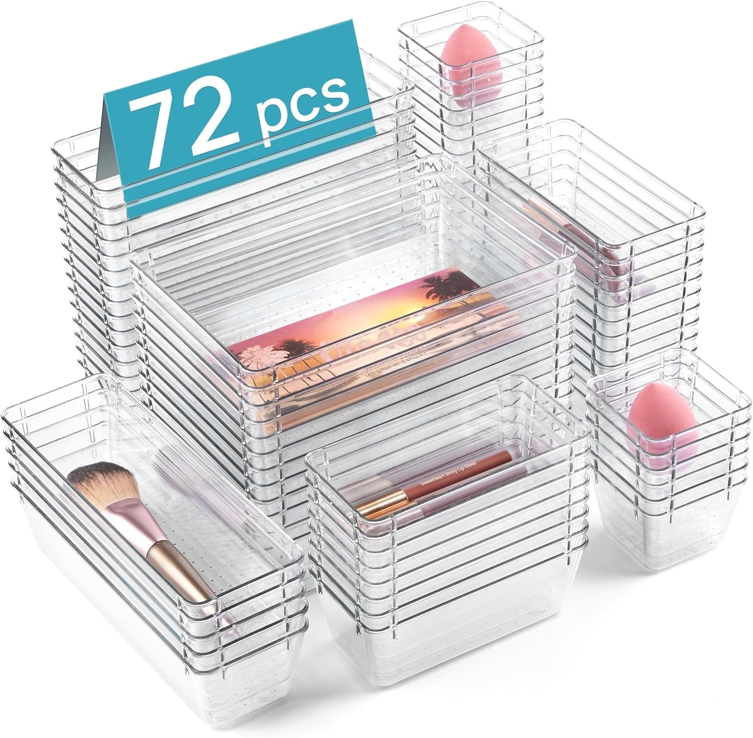 44-Piece Clear Plastic Drawer Organizer Set - Versatile Non-Slip Storage Trays