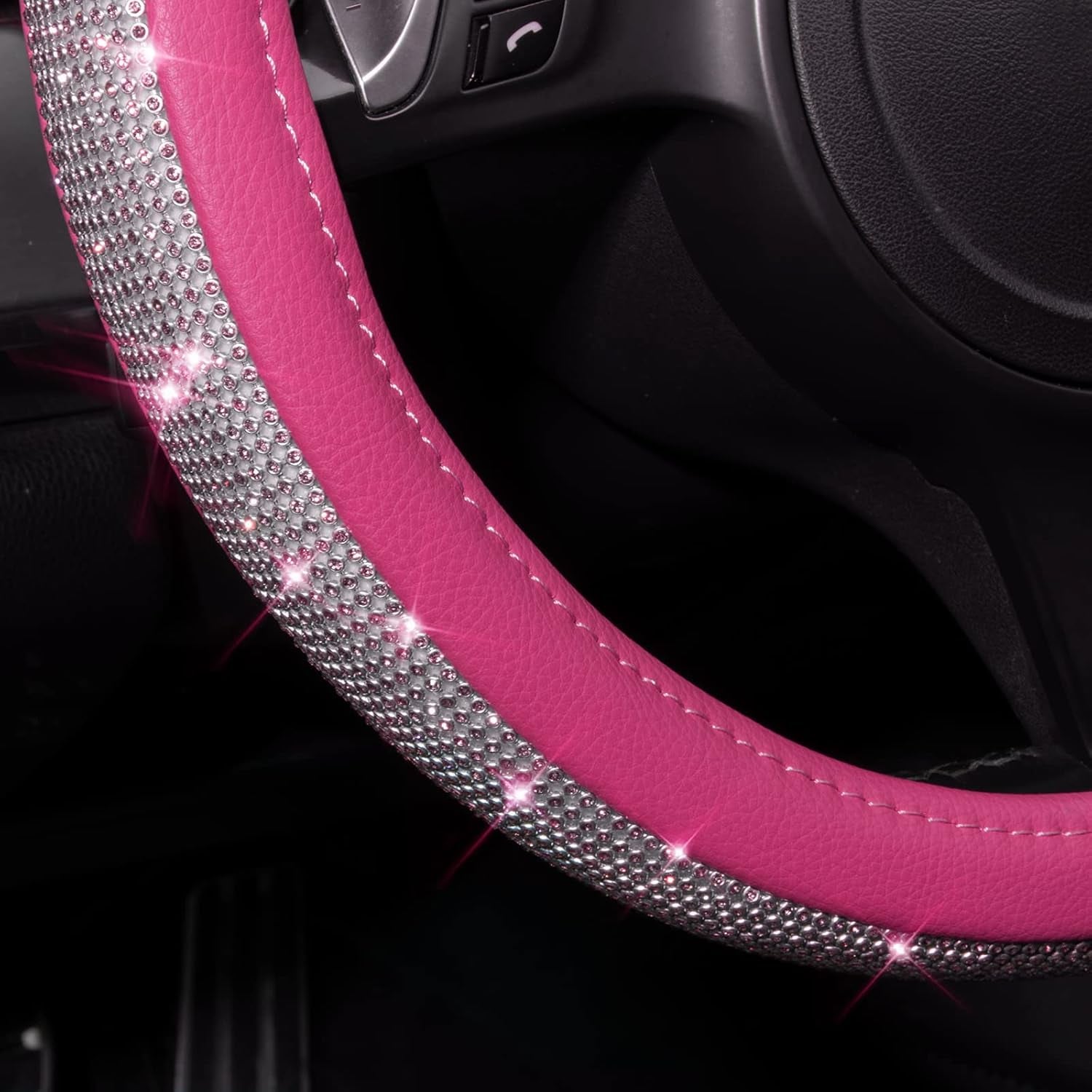 Diamond Pink Leather Steering Wheel Cover - Crystal Rhinestones - Universal Fit 14.5" to 15" - Sparkling Accessory
