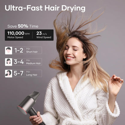 Hair Dryer with 110,000 RPM Brushless Motor, 1500W High-Speed Performance, Magnetic Nozzle & Diffuser - (Gray)