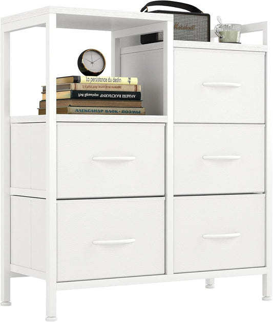 Fabric Dresser for Bedroom, 5 Drawer 3-Tire Dresser, Storage Tower with Fabric Bins, Storage Cabinet for Entryway, Living Room & Closets (White)