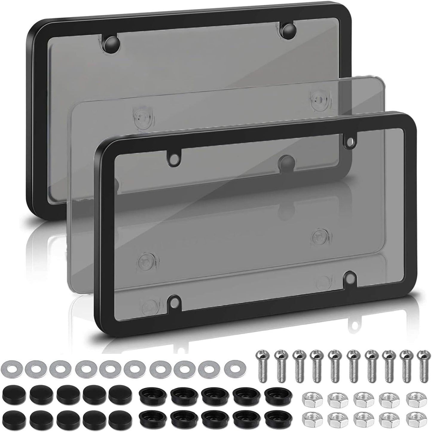 2-Pack License Plate Covers with Screw Caps - Smoked Bubble License Plate Frames and Protectors