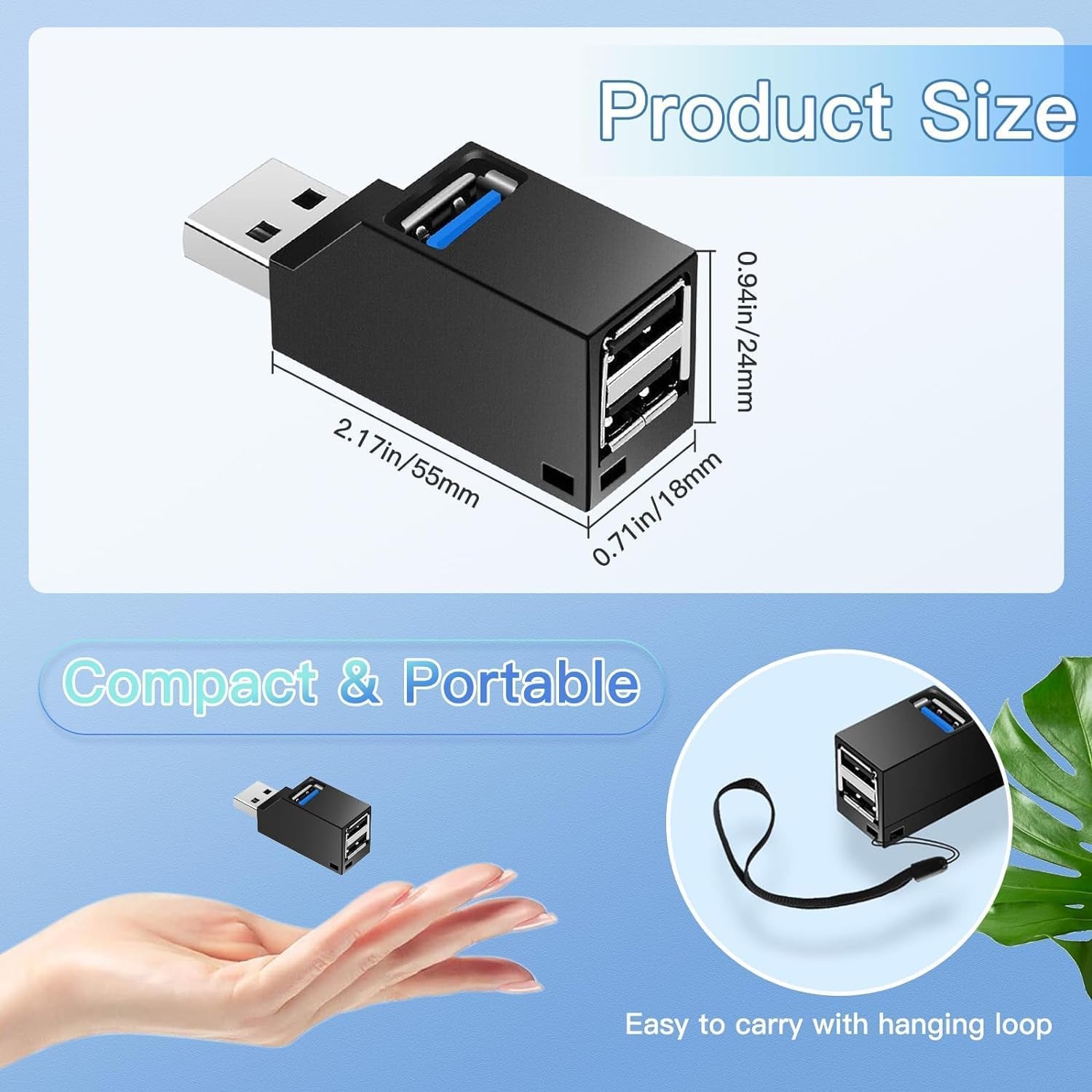 3-Port High-Speed USB Hub - Plug and Play Bus-Powered Splitter (Black)