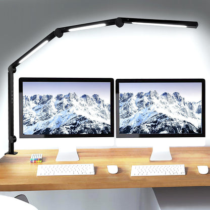 LED Desk Lamp with Clamp, Flexible 4-Section Swing Arm, Three Light Sources, 4 Color Modes, 5 Brightness Levels, Memory Function 