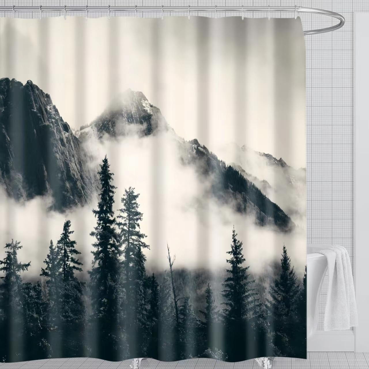 Waterproof Fabric Shower Curtain featuring Banff National Park Smoky Mountain Design, 12 Hooks, 71" x 71" (180 cm x 180 cm), Dark Gray