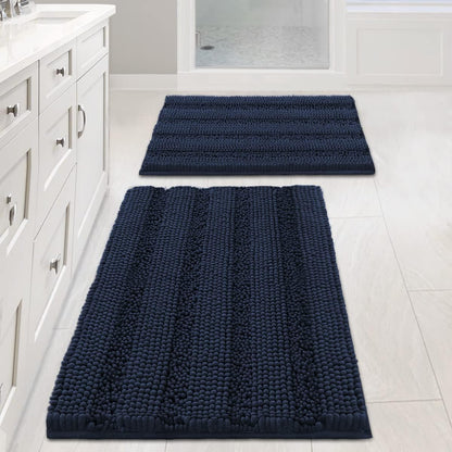 Set of 2 Striped Anti-Slip Bath Mats - Soft Plush Chenille Shaggy Floor Mats  - Water Absorbent (Grey, 32 x 20 & 24 x 17 Inches)