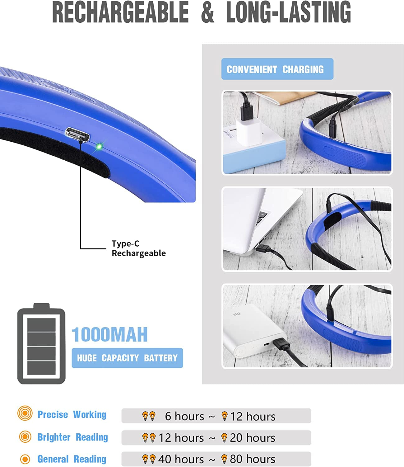 Rechargeable Book Light with 3 Color Temperatures and Flexible Neck - 80 Hours of Use for Reading, Knitting, Camping, and Repairing - Ideal Gift for Avid Readers