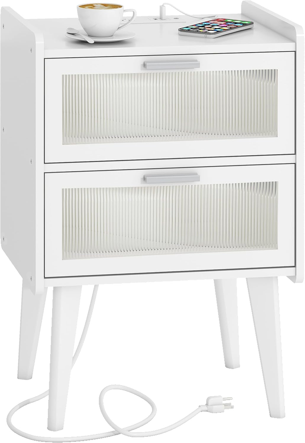 Elegant Nightstand with Integrated Charging Station, Glass-Fronted Decorative Door, and Dual-Tier Storage, White 