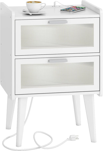 Elegant Nightstand with Integrated Charging Station, Glass-Fronted Decorative Door, and Dual-Tier Storage, White 