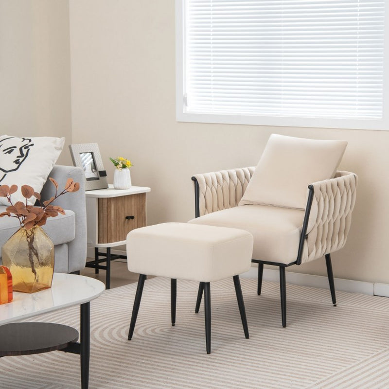 Contemporary Dutch Velvet Accent Chair and Ottoman Set with Woven Back and Armrests