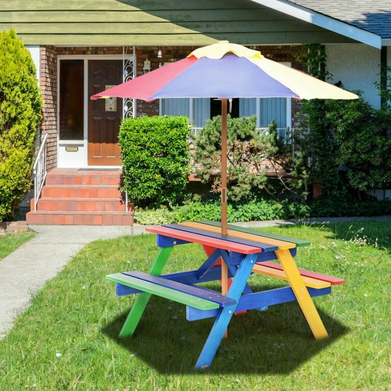 Outdoor Children's Picnic Table Bench Set with Removable Umbrella for Four Seats