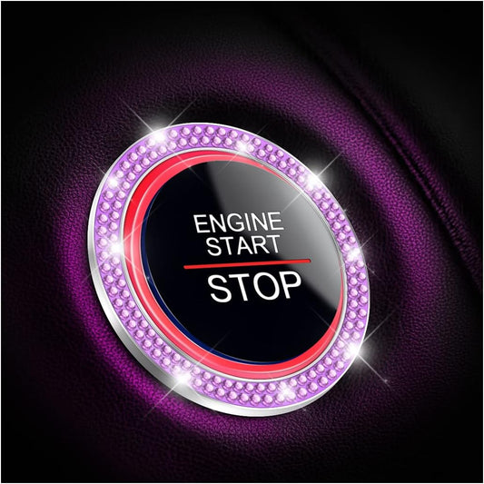 Crystal Rhinestone Engine Start Ring Decals - 2 Pack Push Start Button Covers, Key Ignition Knob Accessories, Sparkling Car Interior Decor for Women (Purple)