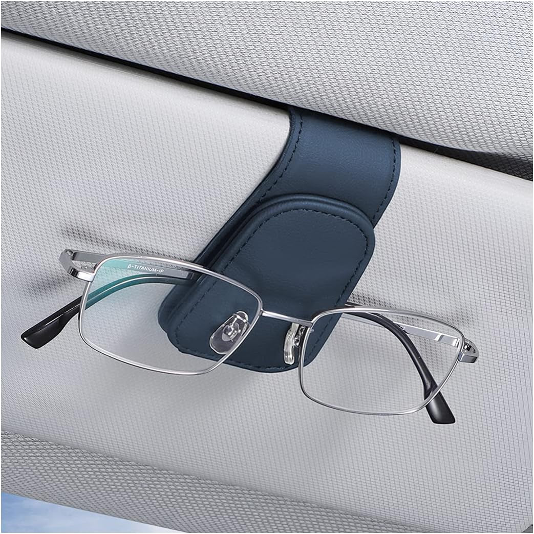 Car Sun Visor Sunglasses Holder, Leather Eyeglasses Hanger with Magnetic Clip - Universal Auto Interior Accessory 