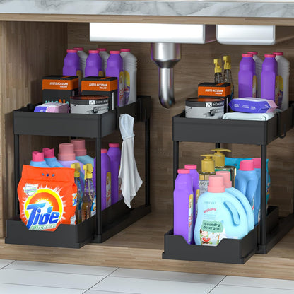2-Tier Under-Sink Organizer Set with Sliding Baskets for Versatile Bathroom Storage, Black (2 Pack)
