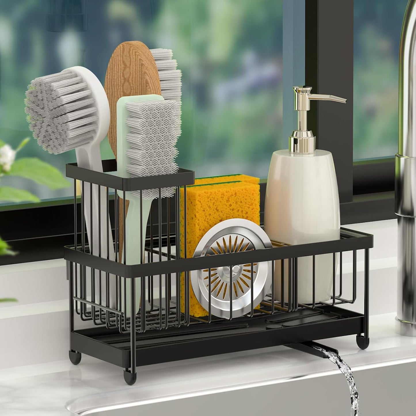 Kitchen Sink Organizer Sponge Holder with Dishrag and Dishcloth Rack, Rustproof 304 Stainless Steel with Auto Draining Tray