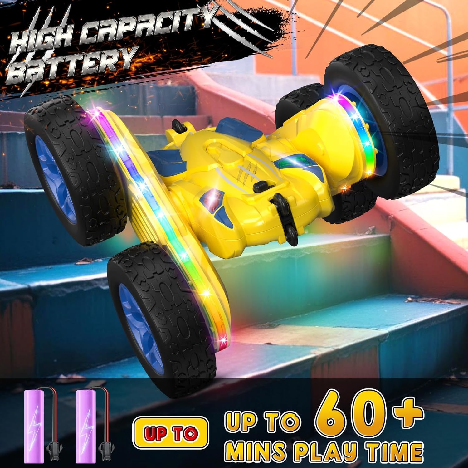 Remote Control Stunt Car-LED Light Strips, Headlights, 2.4GHz All-Terrain Double-Sided 360° Rotating RC Vehicle Ages 8+