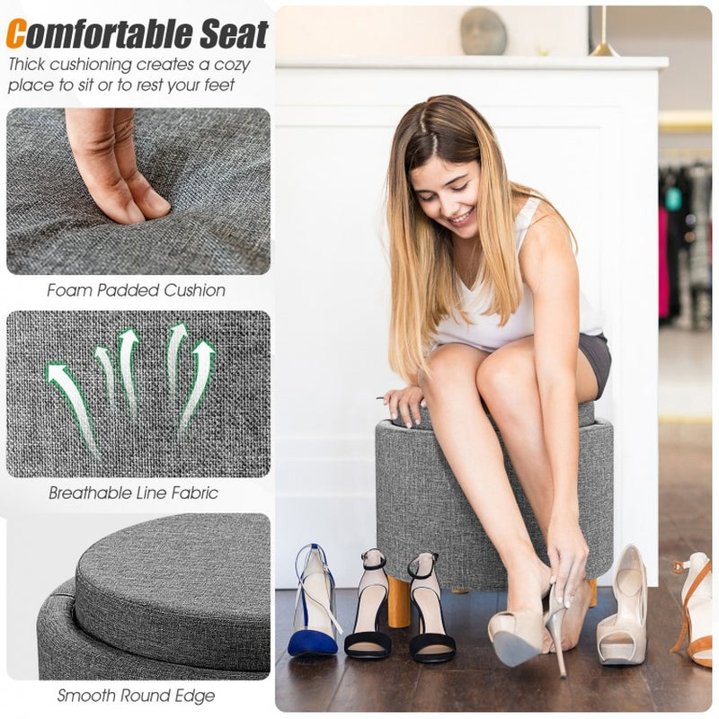 Round Fabric Storage Ottoman with Tray and Non-Slip Pads for Bedroom Organization