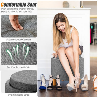 Round Fabric Storage Ottoman with Tray and Non-Slip Pads for Bedroom Organization