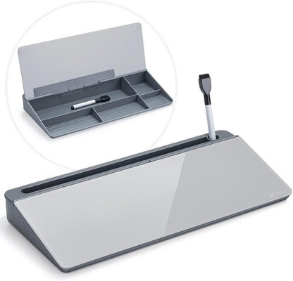 Dry Erase Glass Desk Whiteboard with Storage Caddy - Desktop Memo Notepad for Home Office and School (Gray)