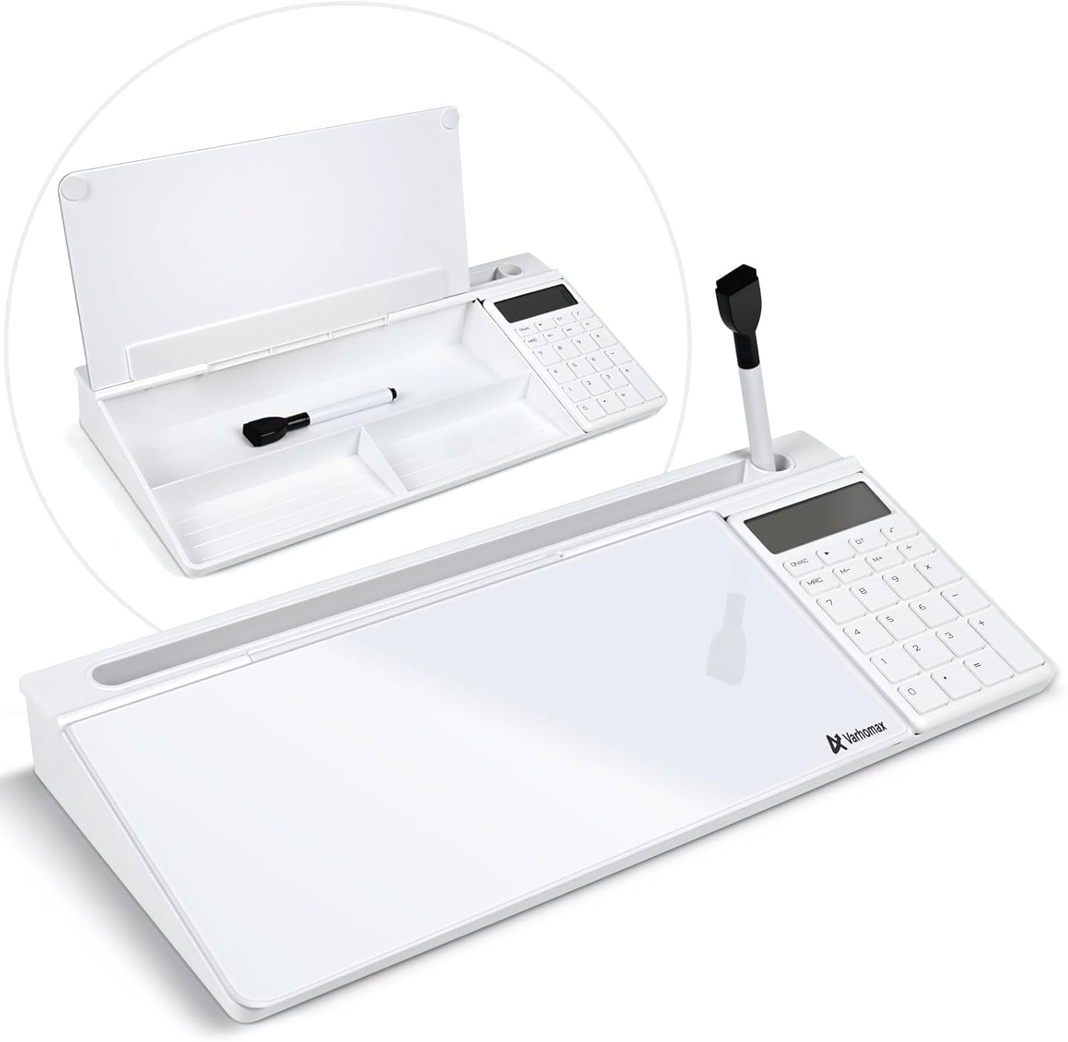 Dry Erase Glass Desk Whiteboard with Storage Caddy - Desktop Memo Notepad for Home Office and School (Gray)