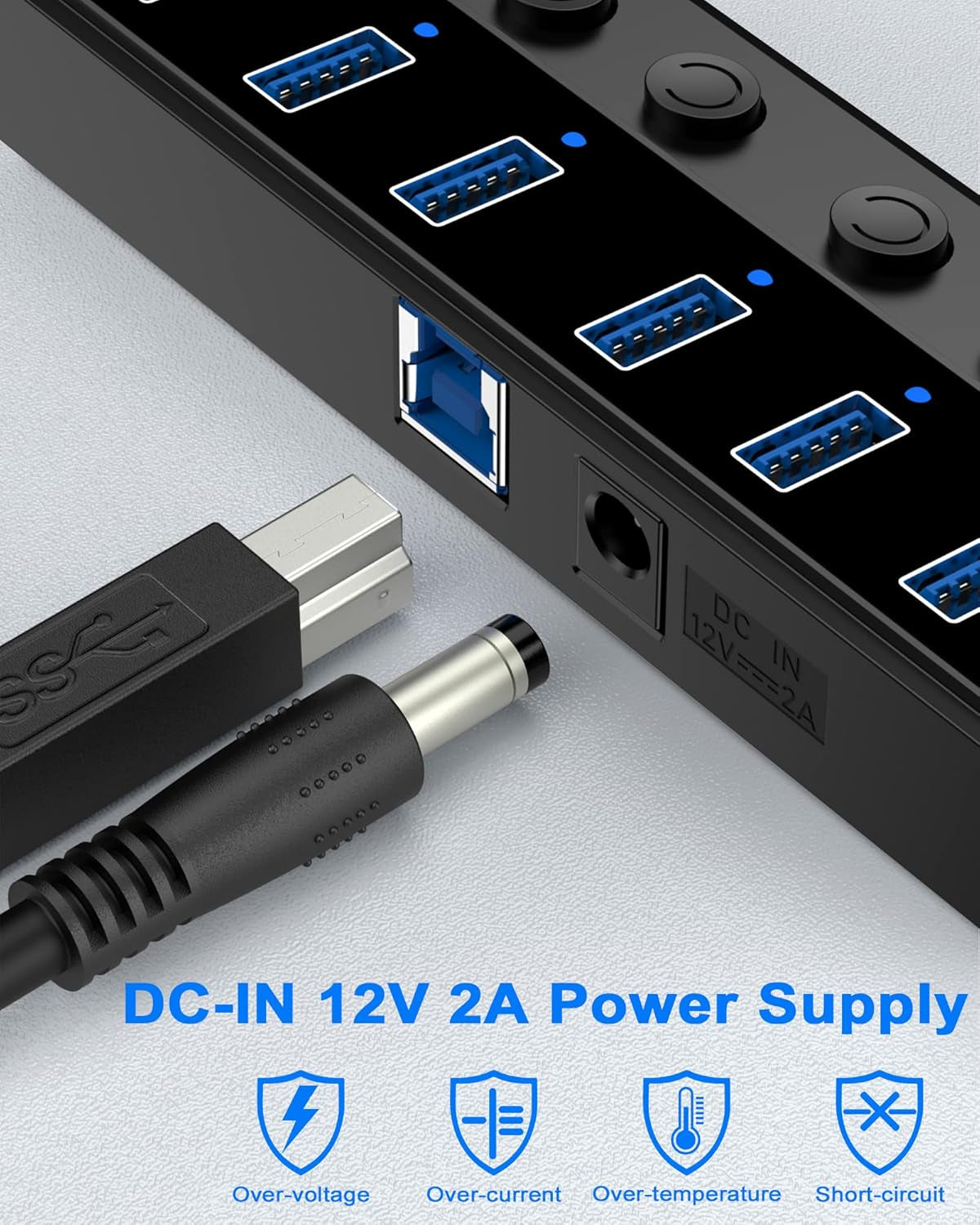7-Port USB 3.0 Hub with 12V/2A Power Adapter and Individual LED Power Switches for Mini PC, Notebook, Surface Pro, MacBook Pro/Air M1/M2