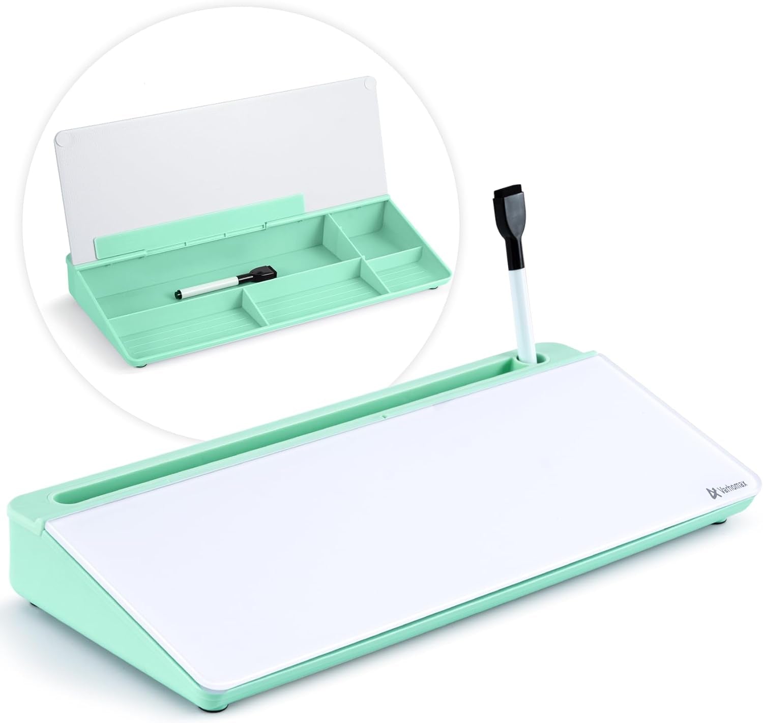 Dry Erase Glass Desk Whiteboard with Storage Caddy - Desktop Memo Notepad for Home Office and School (Gray)