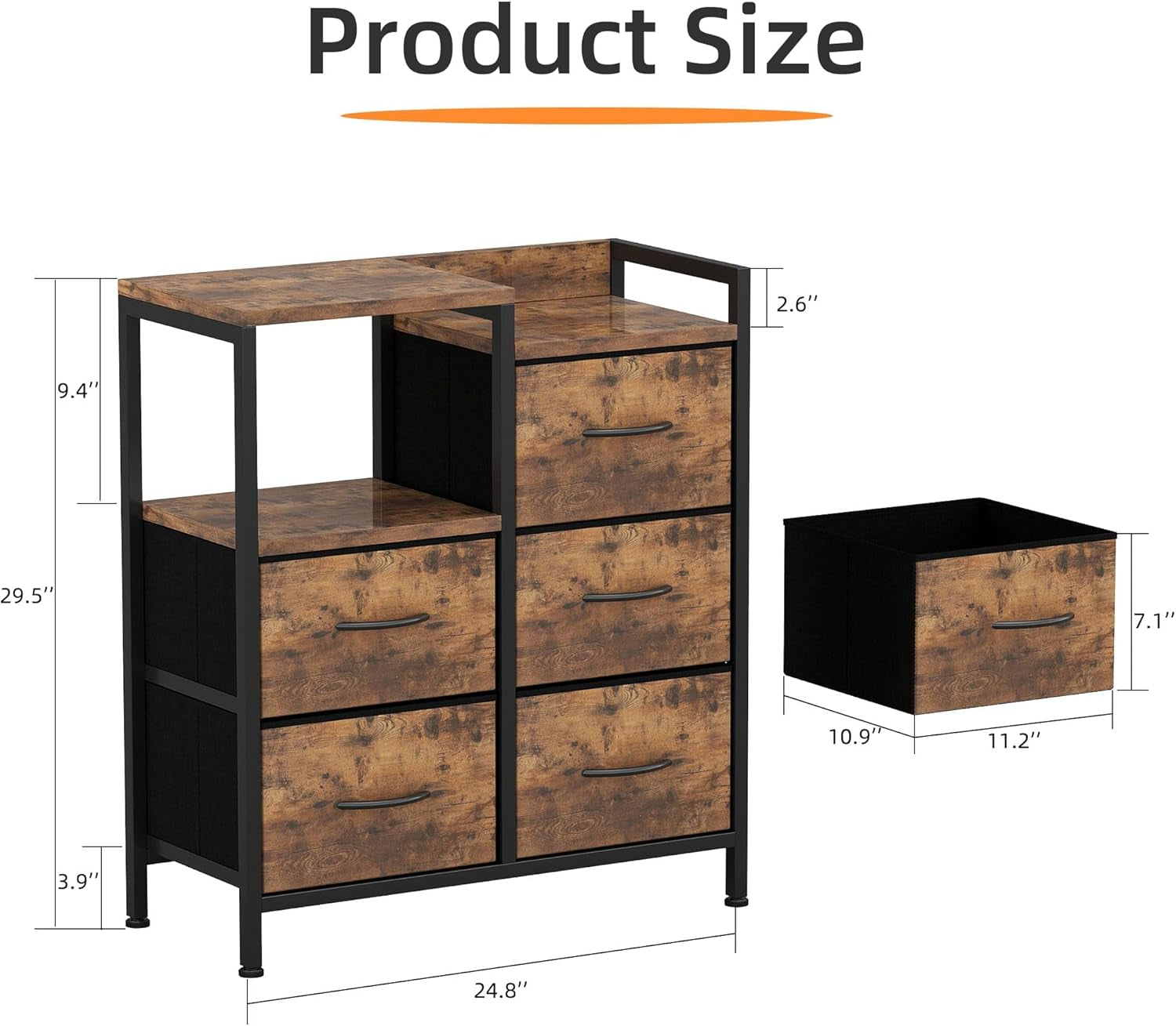 Fabric Dresser for Bedroom, 5 Drawer 3-Tire Dresser, Storage Tower with Fabric Bins, Storage Cabinet for Entryway, Living Room & Closets (Rustic Brown)