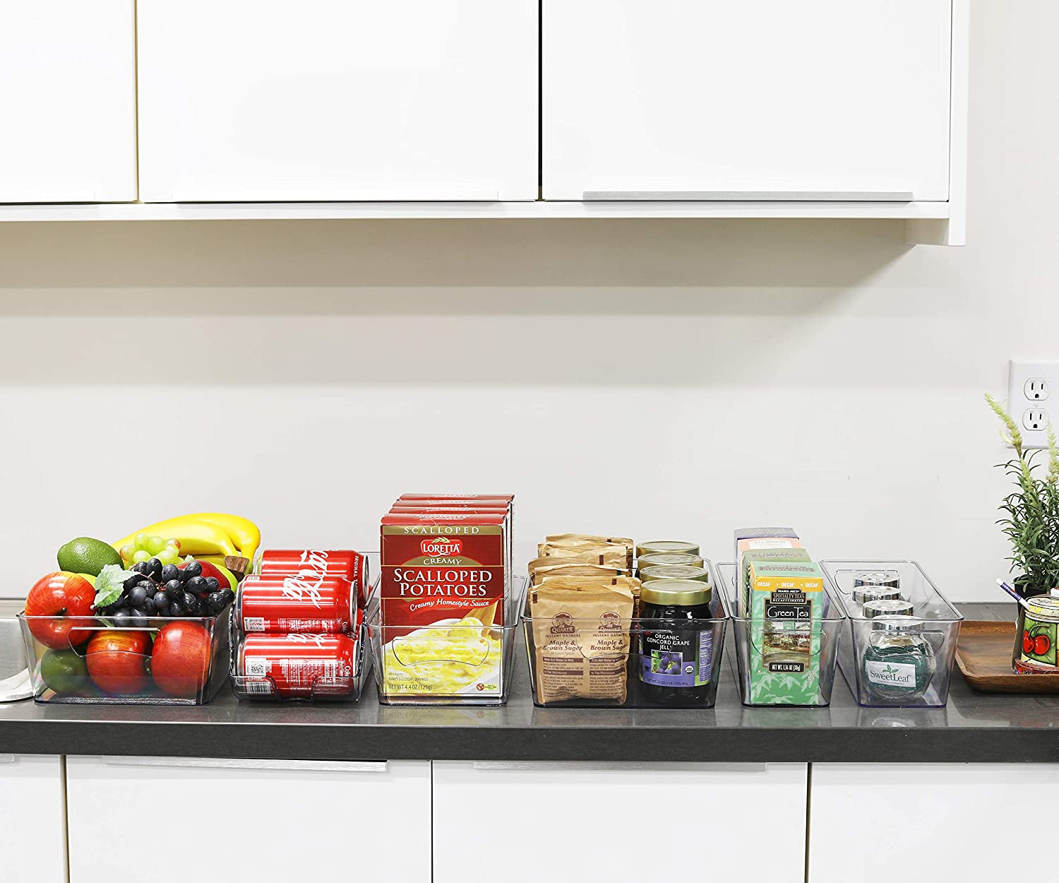 Clear Storage Bins for Freezer and Kitchen Pantry Organization, Set of 6 (2 Large, 2 Long, 1 Standard, 1 Medium)
