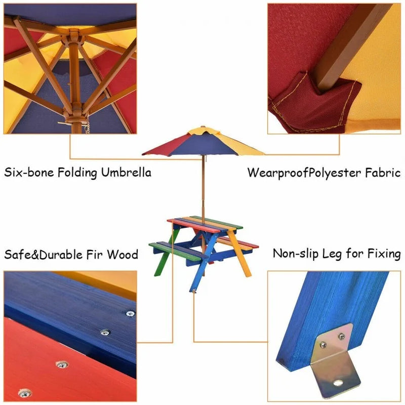 Outdoor Children's Picnic Table Bench Set with Removable Umbrella for Four Seats
