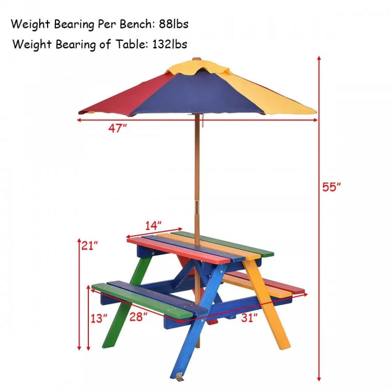 Outdoor Children's Picnic Table Bench Set with Removable Umbrella for Four Seats