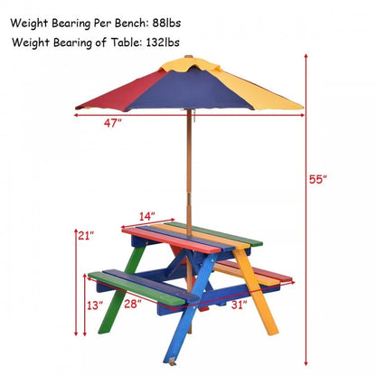 Outdoor Children's Picnic Table Bench Set with Removable Umbrella for Four Seats