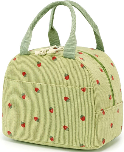 Corduroy Insulated Lunch Tote Bag for Men and Women - Reusable Large Capacity Cooler for Work, Picnics, and Travel (Strawberry Design)