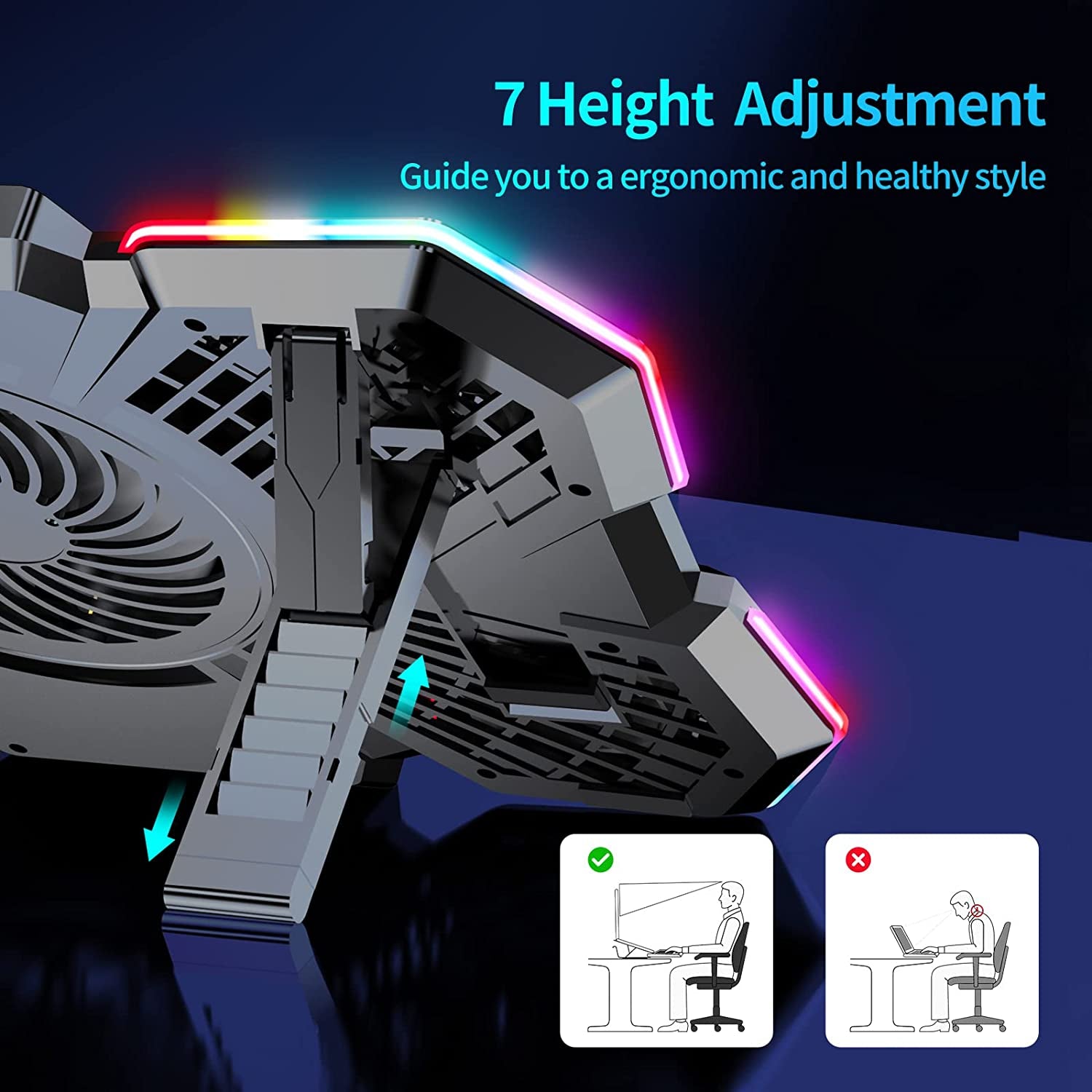 Laptop Cooling Pad for Gaming, Featuring 5 Silent Fans and LED Lighting, Compatible with 12-17 Inch Laptops, 7 Adjustable Height Settings