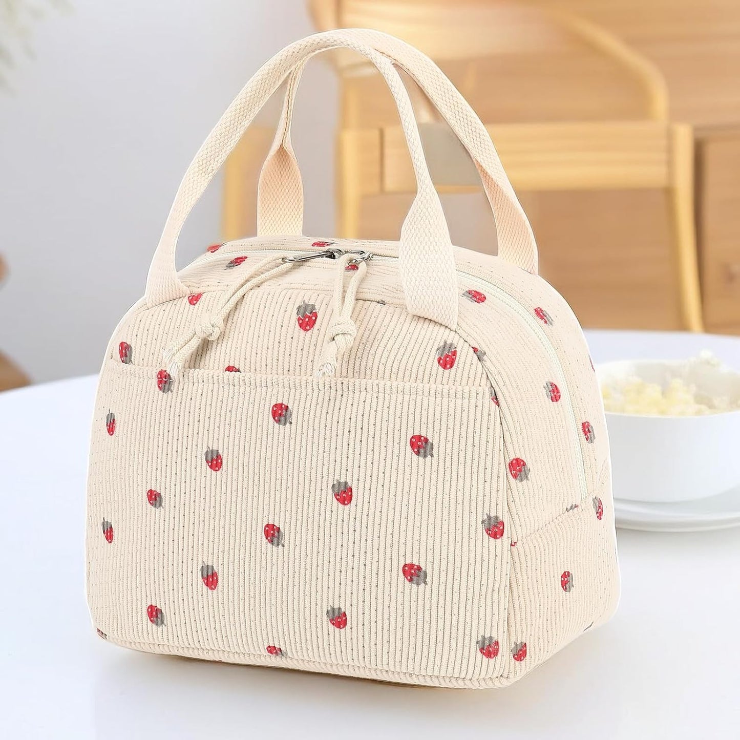 Corduroy Insulated Lunch Tote Bag for Men and Women - Reusable Large Capacity Cooler for Work, Picnics, and Travel (Strawberry Design)
