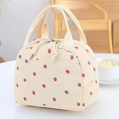 Corduroy Insulated Lunch Tote Bag for Men and Women - Reusable Large Capacity Cooler for Work, Picnics, and Travel (Strawberry Design)