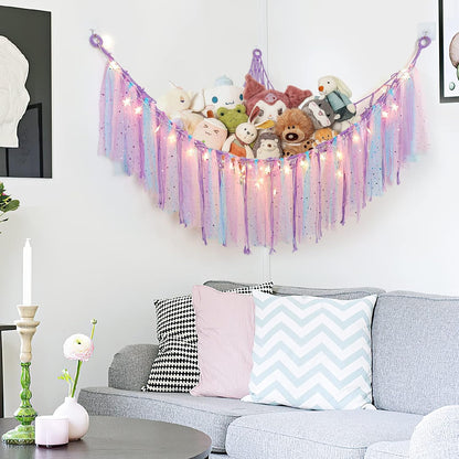 Stuffed Animals Storage - Fairy Lights, Toy Hammock, Hanging Storage Organizer, Holder with Lace Tassels 
