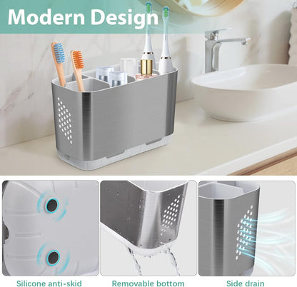 Brushed Nickel Toothbrush and Toothpaste Organizer Caddy with Adjustable Dividers for Bathroom and Kitchen Storage (Silver)