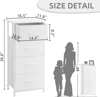 Tall Dresser for Bedroom, 4 Drawer Storage Organizer Chest of Drawers with Removable Fabric Bins - White Leather