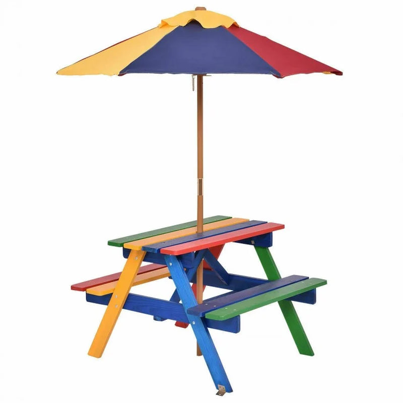 Outdoor Children's Picnic Table Bench Set with Removable Umbrella for Four Seats