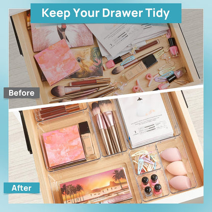 44-Piece Clear Plastic Drawer Organizer Set - Versatile Non-Slip Storage Trays