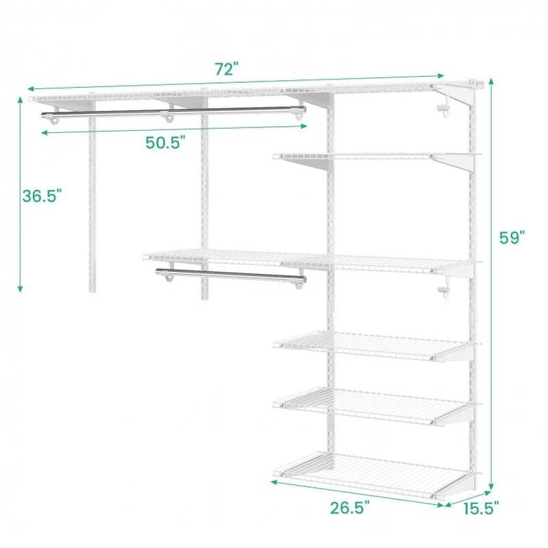 Adjustable Closet Organization System with Shelving and Hanging Rods for 4 to 6 Feet Spaces