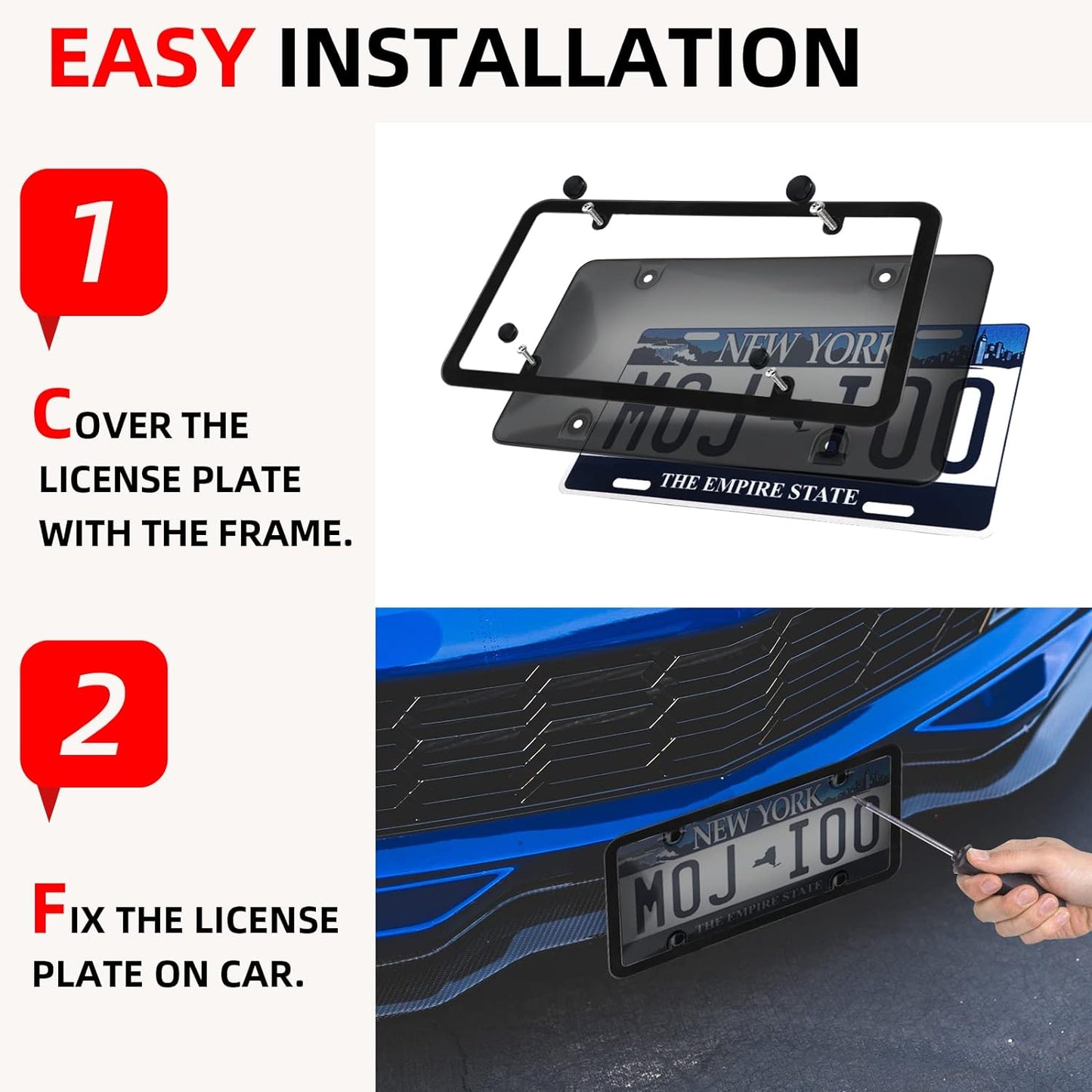 2-Pack Unbreakable Smoked License Plate Covers - Bubble Design - Tinted Frame Shield, Standard US Plates, Screws, Caps