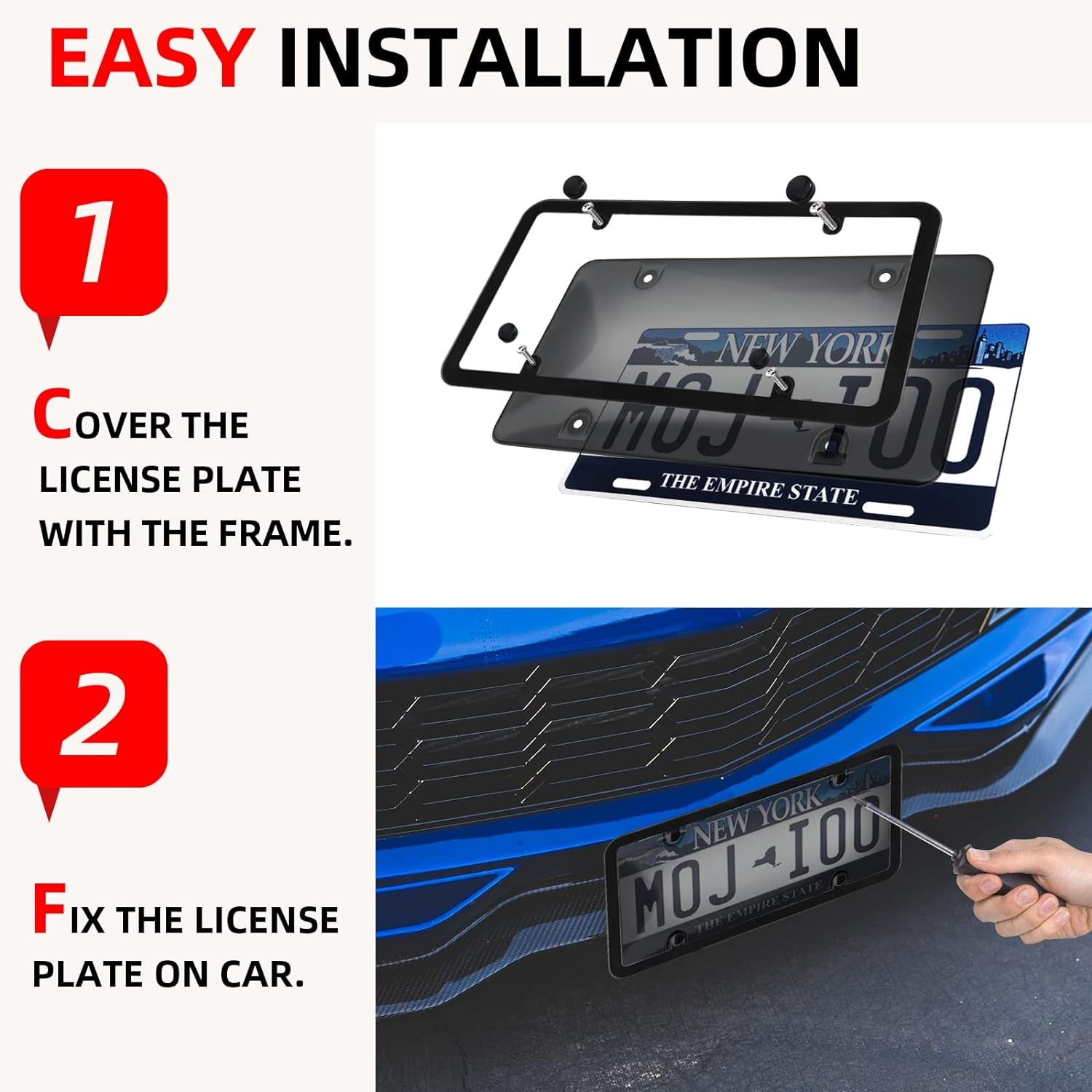 2-Pack Unbreakable Smoked License Plate Covers - Bubble Design - Tinted Frame Shield, Standard US Plates, Screws, Caps
