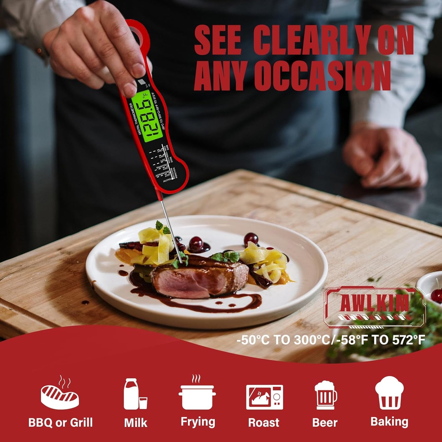 Digital Meat Thermometer - Instant Read Food Thermometer - Waterproof, Backlit Display, and Hold Function - Red