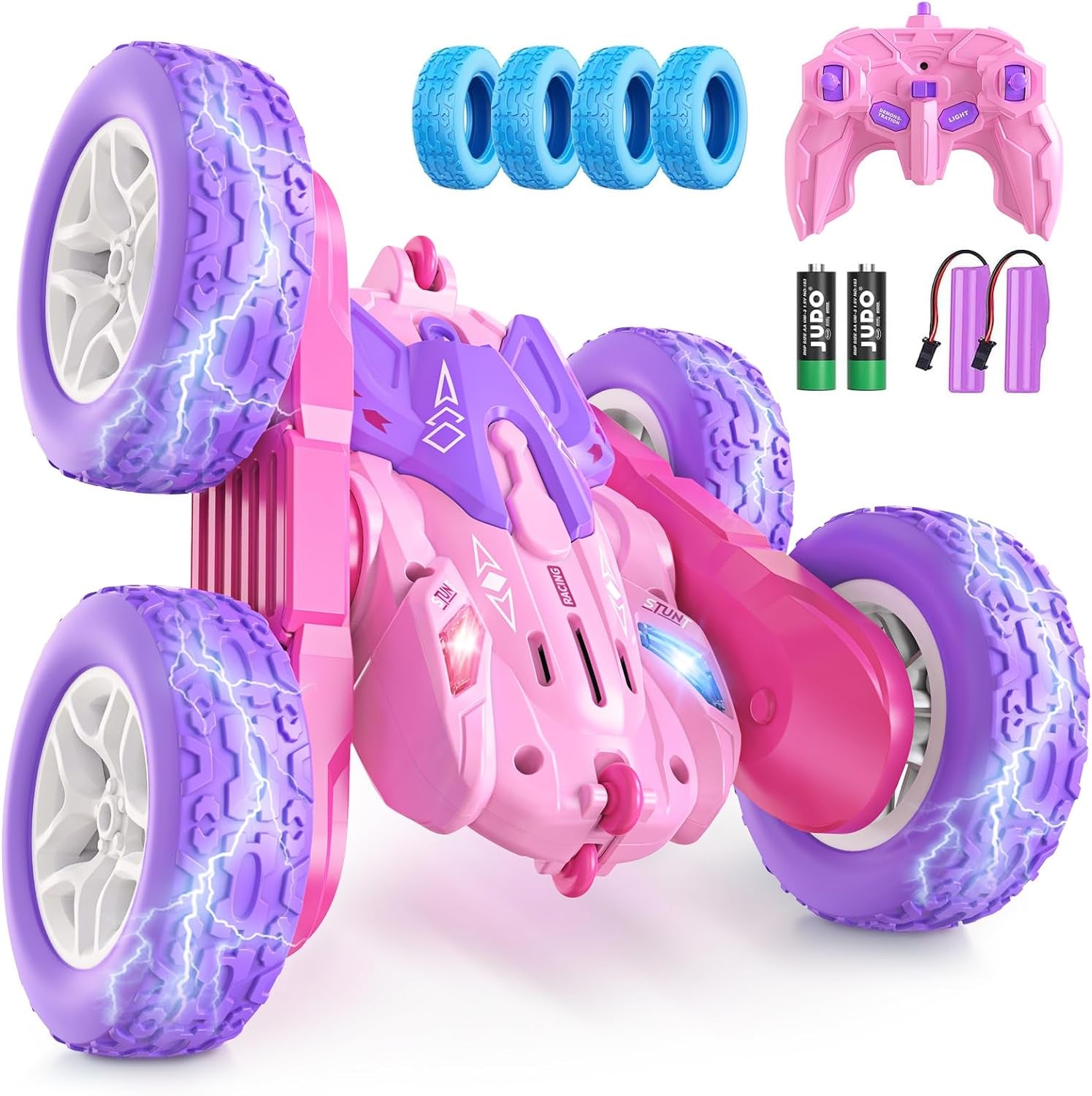 Remote Control Stunt Car-LED Light Strips, Headlights, 2.4GHz All-Terrain Double-Sided 360° Rotating RC Vehicle Ages 8+