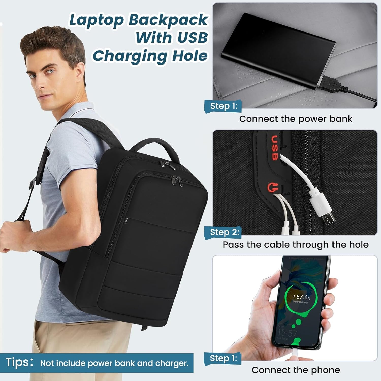 Laptop Backpack 15.6 Inch Backpack - Business Work Backpacks Water Resistant Backpack with Charging Hole Computer Backpack, Black