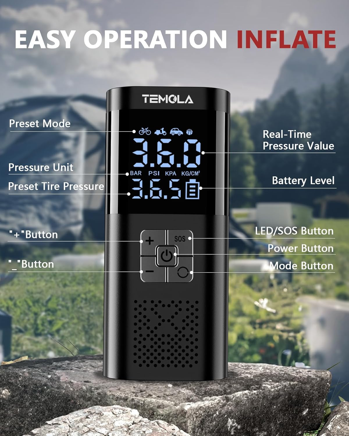 Portable 12V DC Tire Inflator and Air Compressor with Integrated Pressure Gauge - 150PSI Cordless Electric Pump
